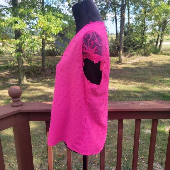 Women's Hot Pink Swiss Dot Lace V-Neck Short Sleeve Blouse Tops Size Large - Picture 9 of 15